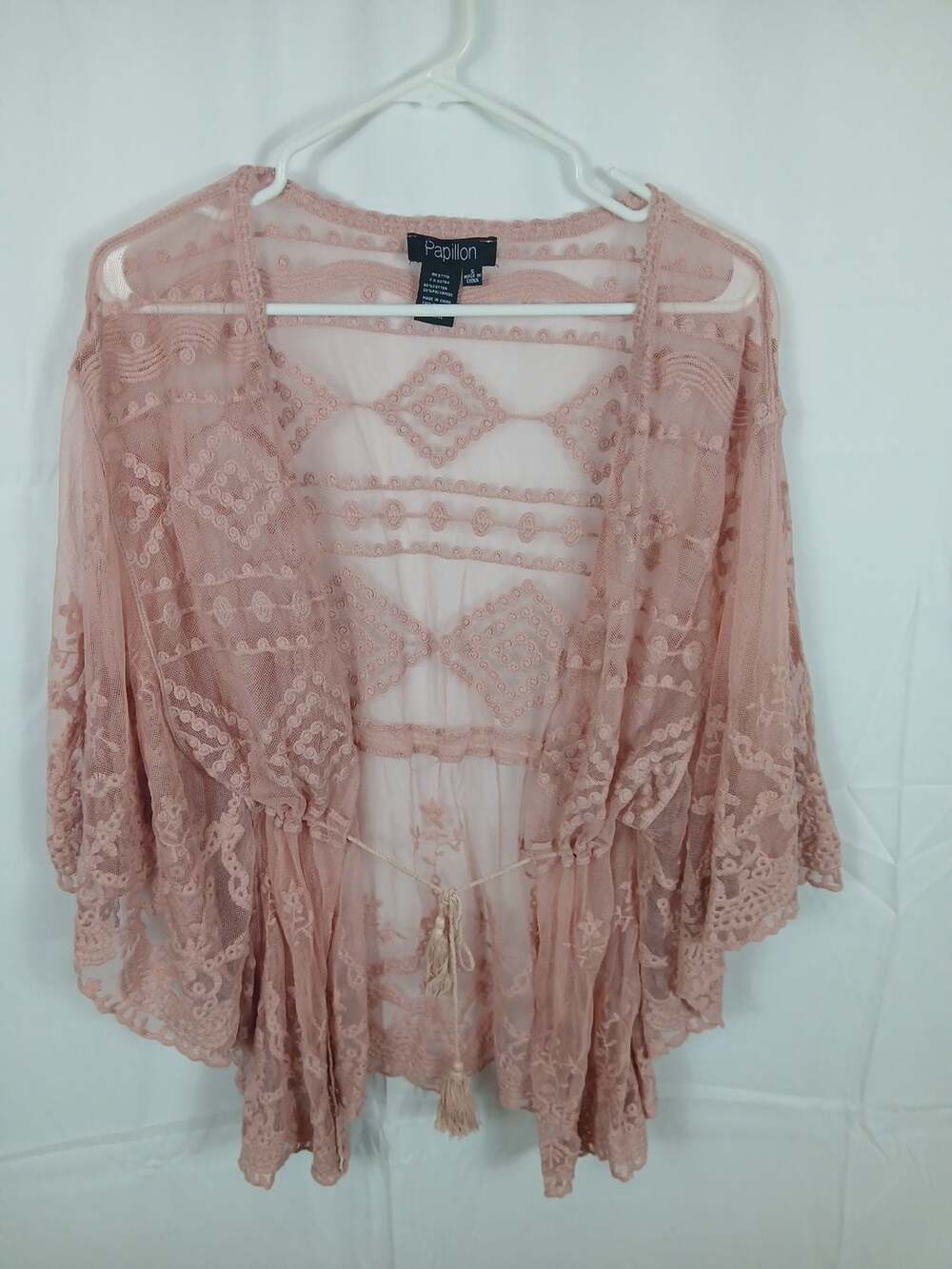 Papillon Dusty Rose Sheer Mesh Embroidered Lace Kimono Cardigan with Tassel Tie